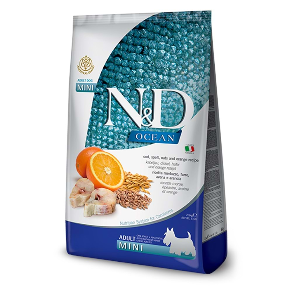 N&D Ocean D.Tahıllı S/Mini Adult Köpek Maması 2.5 Kg (Morina Balığı&Portakal)