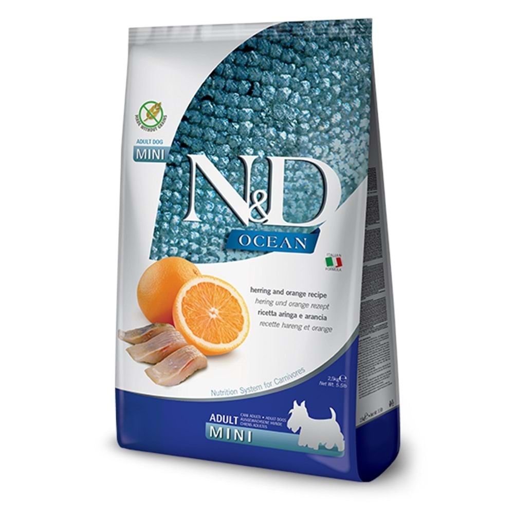 N&D Ocean Tahılsız S/Mini Adult Köpek Maması 2.5 Kg (Ringa Balığı&Portakal)