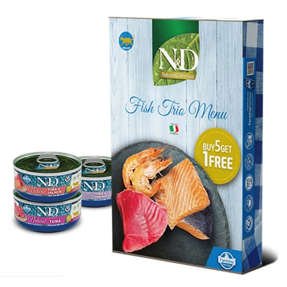 N&D Fish Trio Menu Balıklı Yetişkin Kedi Konservesi 70gr (6 al 5 öde)