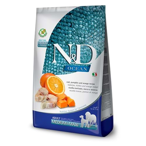 N&D Ocean D.Tahıllı M/Maxi Adult Köpek Maması 12 Kg (Morina Balığı&Portakal)