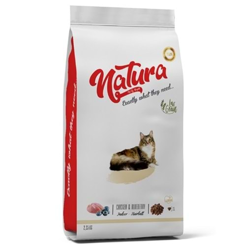 Natura Indoor Ev Kedileri İçin Tüy Yumağı Önleyici Tavuklu Tahılsız Yetişkin Kedi Maması 2,25kg