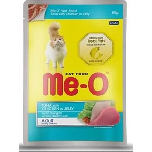 Me-O Jöle İçinde Ton Balıklı ve Tavuk Parçacıklı Yetişkin Kedi Konservesi 80gr