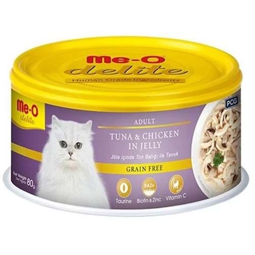 Me-O Delite Jöle İçinde Ton Balıklı ve Tavuklu Tahılsız Yetişkin Kedi Konservesi 80gr